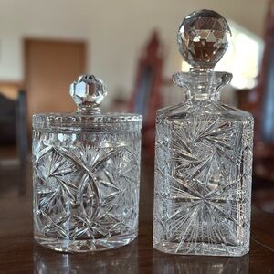 Bohemian Cut Pinwheel Crystal Decanter & Lidded Ice Bucket Set